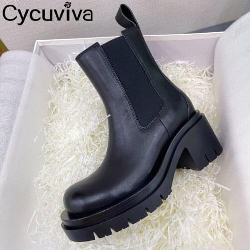 Classic Designer Platform Shoes For Women Slip On Round Toe Ankle Boots Ladies Shoes Chunky Heel Black Botas Female Shoes Winter