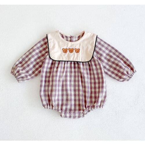 Toddler Baby Bodysuits for Girl Embroidery Lapel Plaid Rompers Playsuits 2021 Autumn New Cotton Soft Kids Clothes Girls 0-2Y