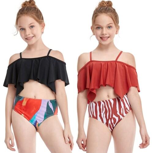 2-Pcs 2021 New Summer Girl Swimsuit Kids Swimming Suit Bikini Halter Girls Bathing Suit Ruffle Childrens Swimwear Swim Trunks