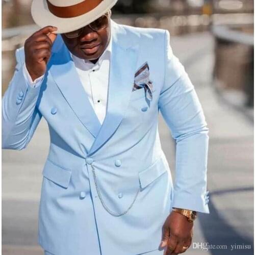 2019 New Men Suit 2 Pieces Fashion Suit Slim Fit light blue Wedding Dress Suits Blazer Pant and Vest Business sets party