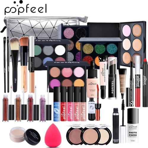 POPFEEL MakeUp Sets Cosmetics Kit Eyeshadow Lipstick Eyebrow Pencil Lipgloss Makeup Brush Powder Long-lasting Puff Gift with Bag