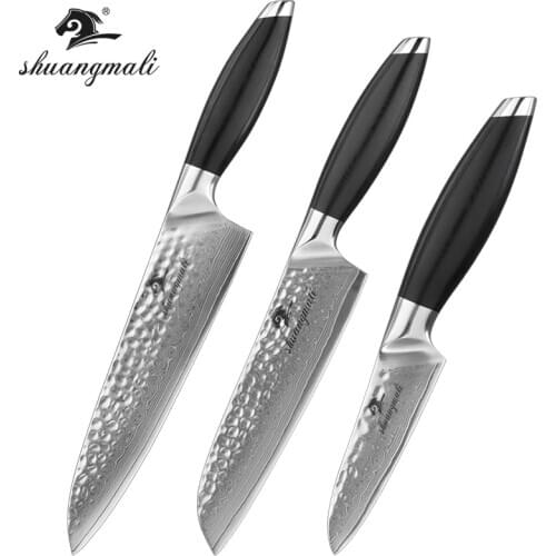 3PCS Utility Kitchen Chef Knife Set 67Layer Damascus Steel Cleaver Chef Knives Sharp Fruit Paring Slicing Santoku Chef Knife Set