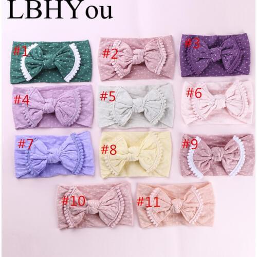 10pcs Knot Bows Nylon Headbands,Stretchy Wide Bows Nylon Head Bands,Baby Girls Polka Dot Pompom Trims Turban Headwraps 27 colors