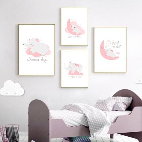 Cute Animal Poster Pink Cloud Moon Elephant Mouse Koala Nursery Wall Art Picture Print Canvas Painting Kids Room Decoration