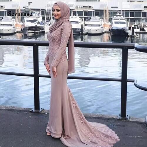 Sevintage Mermaid Muslim Evening Dresses Arabic Long Sleeves Lace Appliques Satin Prom Formal Dresses Robe De Soiree