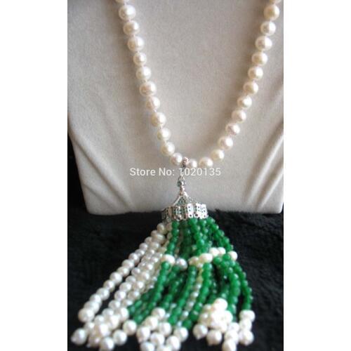 Freshwater pearl white 8-9mm round green stone beads faceted necklace 60inch nature FPPJ