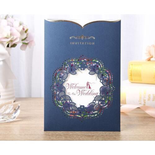 50pcs Blue Laser Cut Wedding Invitations Card Bride and Groom Greeting Card Customize Envelopes Wedding Event Party Supplies