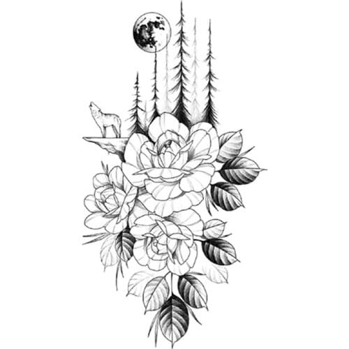 Plain Rose Forest Waterproof Temporary Tattoo Sticker Black Wolf Cliff Moon Fake Tattoos Flash Tatoos Arm Body Art for Women Men