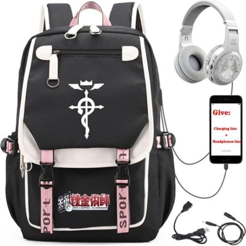Anime Fullmetal Alchemist backpack student School book Bag Unisex Travel Backpack USB Charging teenagers Laptop packsack