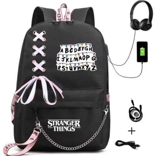 Stranger Things Backpacks Women Men Student USB Charge Canvas Backpack Letters Print School Bag Teenager Girls Ribbons Mochila