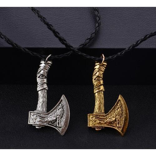 Norse Mythology Crow Axe Pendant Necklace Metal Hatchet Leather String Necklace Pink Simple Male Jewelry Accessory Gift For Men