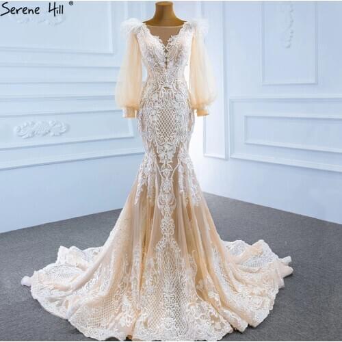 Serene Hill Champagne Lantern Sleeves Wedding Dresses Gowns 2021 Mermaid Beading Feathers Luxury Elegant Bridal Dress HM67209