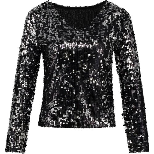 Sexy Plunge Long Sleeve Sequin Tunic Top Shiny Women Black Silver V-Neck Crop Top Summer Short Party Club Blouse Shirt