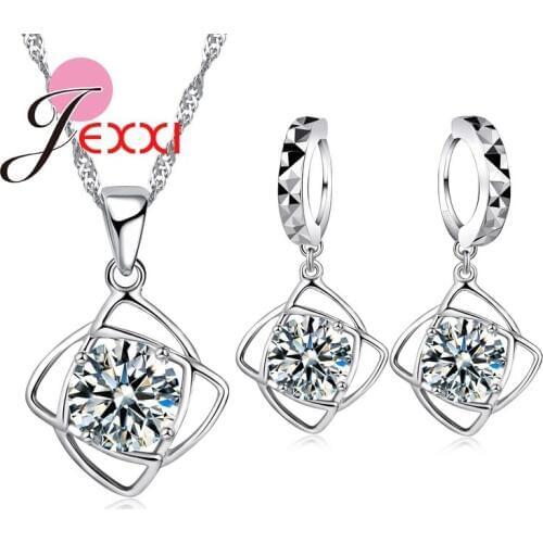 Hot 925 Sterling Silver Cubic ia Flower Pendant Statment Necklace Drop Earrings for Women Brincos Collar Jewelry Set