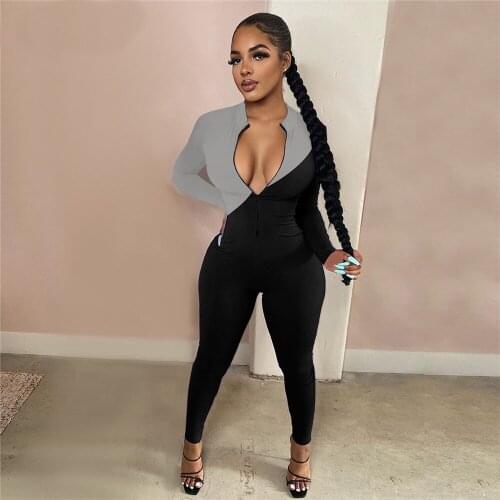 Women Fitness Color Block Skinny Overall Active Wear Zipper Front Long Sleeve Bandage Jumpsuit Casual Sporty Workout Bodysuits