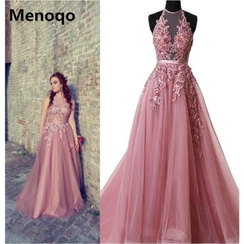 Robe De Soiree Appliques Sexy Backless Long Evening Dresses Bride Banquet Elegant Floor-length Womens Party Prom Dress Halter