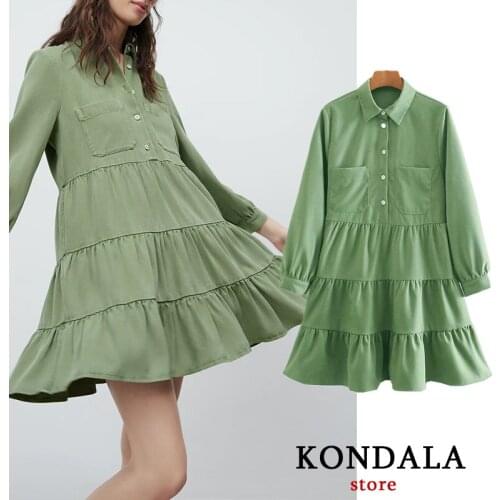 KONDALA Womens Dress Vintage Ruffles Pockets Mini Shirt Dress Za Fashion 2021 Long Sleeve Elegant Mujer Vestidos