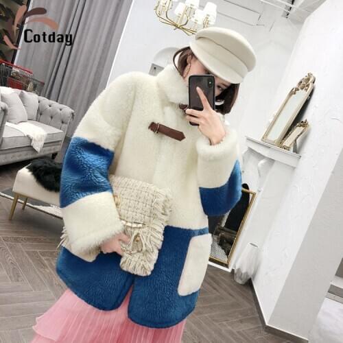 Cotday V-Neck Imitation Lamb Wool Fur Winter Warm Korean Style Thick Coat Women Down Long Granule Sheep Harajuku Fur Coat