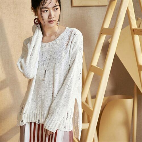 100% hand made pure cotton Oneck knit women hollow out open hem thin pullover sweater retail wholesale customized