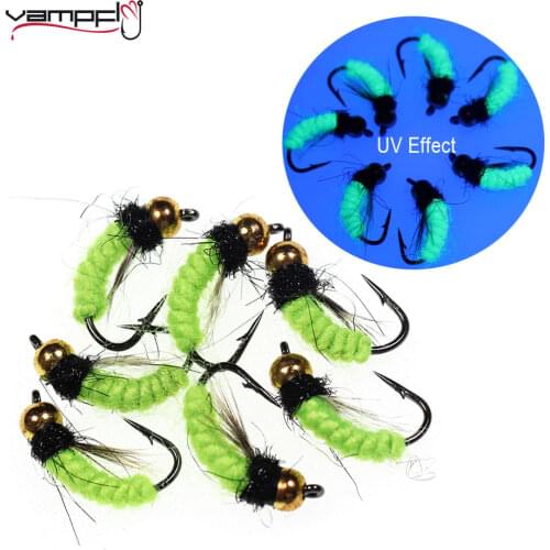 Vampfly 8pcs Brass Beadhead Luminous Green Scud Nymph Fly For Trout Fishing Caddis Artificial Insect Bait Lure 12