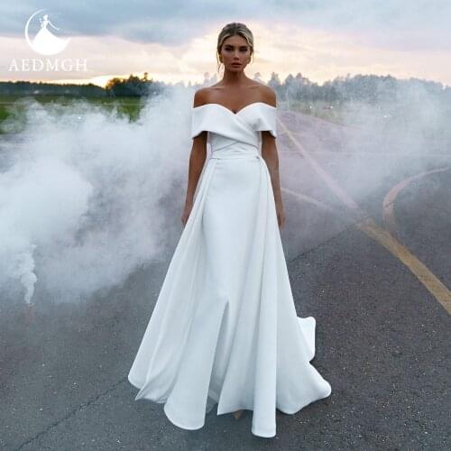 Aedmgh Satin 2 In 1 Wedding Dresses 2021 Sweetheart Off The Shoulder Detachable Train Bride Dress A-Line Sheath Robe De Mariee