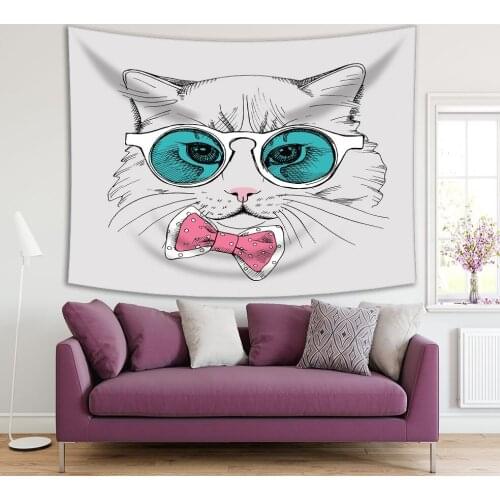Tapestry Cute Cat in Glasses and Bow Tie Fashion Stylish Animal Cartoon Art Gray Blue Pink