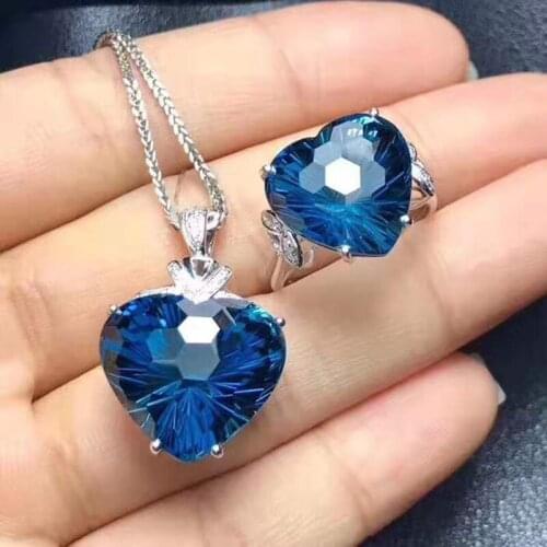 Blue Topaz Large grain Heart Ring Pendant Necklace Set S925 Pure Silver Fine Fashion Weddings Jewelry for Women Free Shipping