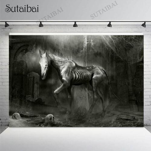 Halloween Photo Background Terror Horse Human Skeleton Castle Ghost Spider Web Festival Decoration Portrait Backdrop Photo Booth