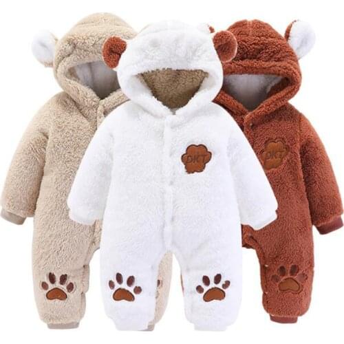 New Arrival Winter Baby Solid Fleece Hooded Jumpsuit Baby Printing Unisex Jumpsuits Baby Boy Girl Thicken Clothes Rompers