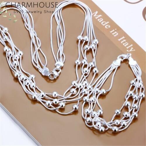 Silver Sterling 925 Jewelry Sets for Women 5 Lines Beads Necklace Bracelet 2 Pcs Fashion Jewelry Set Wedding Accessories Bijoux