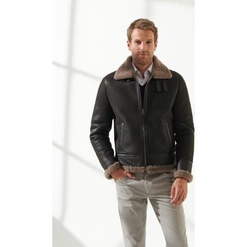 Free shipping fast fashion dan genuine black sheepskin pilot leather jacket, sheepskin leather jacket