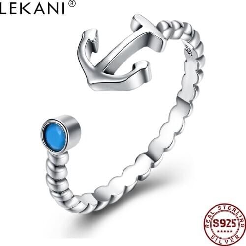 LEKANI Women Rings 925 Sterling Silver Simple Turquoise Boat Anchor Open Adjustable Punk Vintage Ring Mens Fine Jewelry Best
