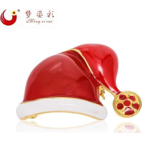 New Fashion Red Christmas Hat Brooch Pin For Women Crystal Rhinestone Flower Broches Mujer para ropa Party Gift Fly bra Jewelry