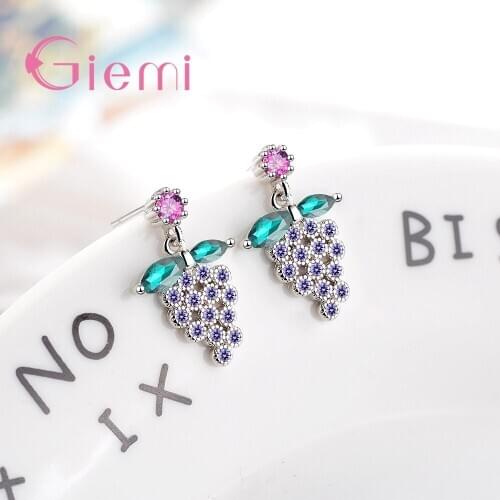 New Fashion Cute Purple Grapes 925 Sterling Silver Earring Shiny CZ Stone Dangler Earrings For Women Girls Simple Party Jewelry