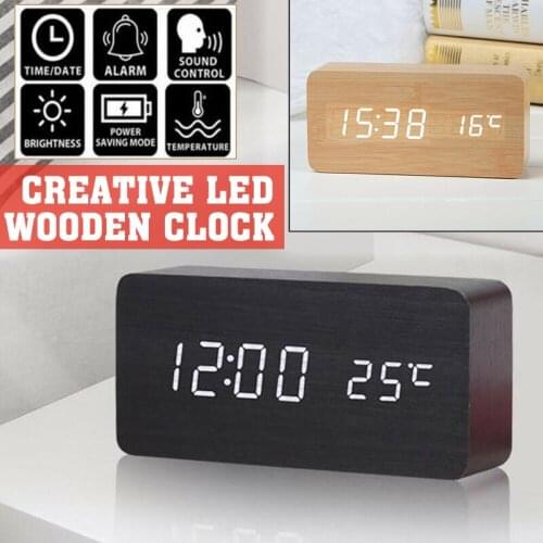 New Modern Wood Digital Clock USB LED Alarm Clock Table Bedside Temperature Date Display Clock Brown/Black Home Alarm Clock