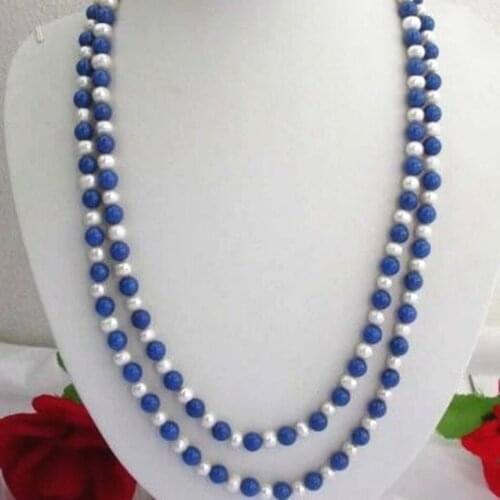 New fashion 8mm lazuli lapis stone stone 7-8mm natural white pearl round beads necklace women long chain jewelry 65inch BV440