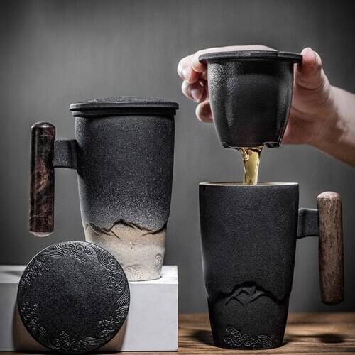 Luxury Retro Tea Cup Ceramic Mug Large Capacity Office Filter Black Water Cup with Cover Mugs Wooden Handle Cups Gift Ideas Box