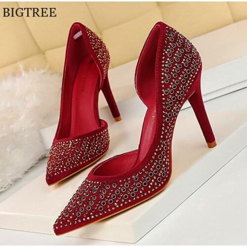 Crystal Rivet High Heel Luxury Designer Women Shoes 2021 Fashion Shallow Ladies Pumps Side Hollow Office Dress Black Shoes Woman