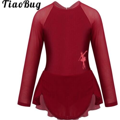 TiaoBug Kids Long Sleeves Tulle Splice Ballet Dress Gymnastics Leotards for Girls Child Stage Performance Figure Skating Costume