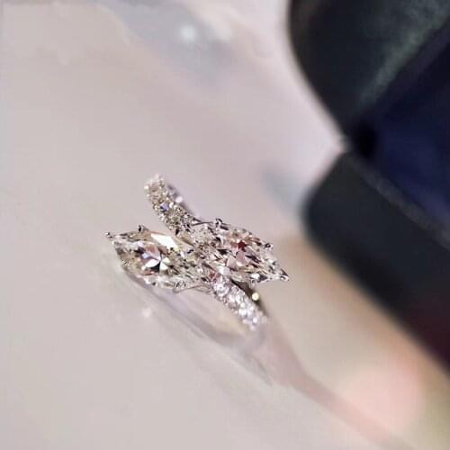 White Zircon Geometric Leaf Engagement Ring Luxury Crystal Stone Opening Rings For Women Wedding Vintage Bride Silver Color Ring