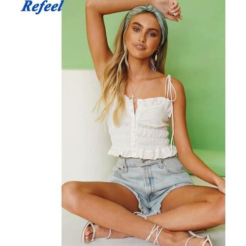 Vintage Slim Ruffles Women Top Adjust Spaghetti Straps Women Camis Fashion Front Buttons Green Women Tank Top