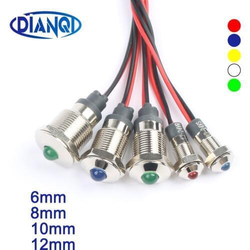 6mm 8mm 10mm 12mm Waterproof LED Metal Warning Indicator Light Signal Lamp Pilot wire 3-6V 12-24V 110-220V Red Yellow Blue Bulb