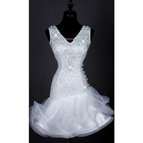 Women Girls adult white Dance skirt Ballroom Cha Cha Rumba Samba Latin Dresses Competition Performance Dance Dress