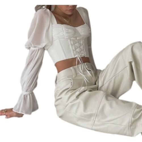 Women’s Elegant Long Sleeve Square Collar T-shirt Fashion Solid Color Bandage Slim Crop Top Summer Casual Exposed Navel Tops