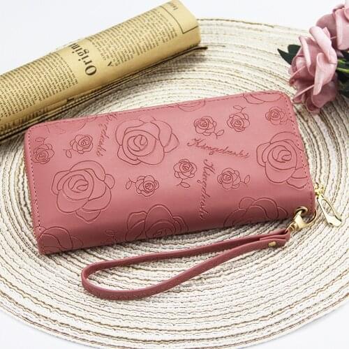 Women Rose Print Wallet Fashion Cocktail Party Handbag Zipper Clutch Bag Multi-card Female Purse Card Holder WIth Belt For Gift