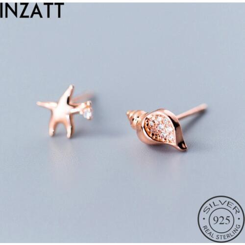 INZATT Real 925 Sterling Silver Zircon Conch Starfish Stud Earrings For Fashion Women Party Asymmetry Fine Jewelry Cute Gift