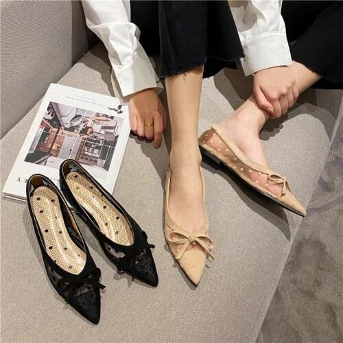 2021 New Summer Women Flats Pointed Toe Shallow Air Mesh Bow Design Breathable Loafers Shoes Beige/Black Casual Flats Heeled