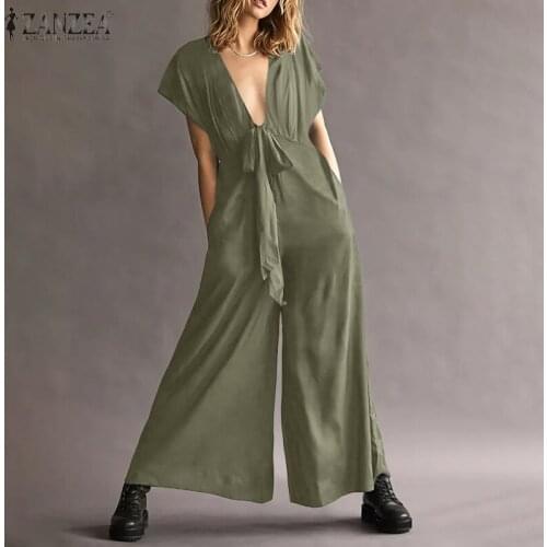 Stylish Summer Rompers Women V Neck Short Sleeve Wide Leg Jumpsuits ZANZEA 2021 Casual Solid Playsuits Loose Long Overalls Femme