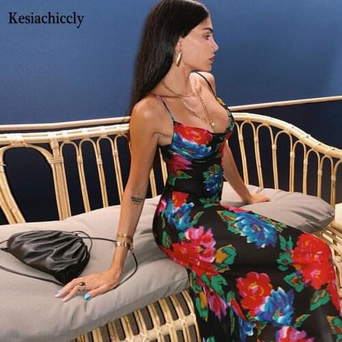 Kesiachiccly Boho Floral Print Women Spaghetti Dress Summer V-neck High Waist A-line Sundress Elegant Sleeveless Vestidos 2021