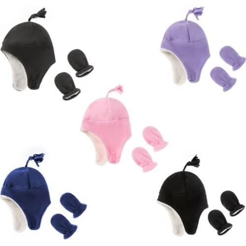 Winter Baby Boys Girls Hat Glove Set Infant Windproof Hat Ear Protection Solid Warm Toddler Boys Cap Suit Infant Accessories